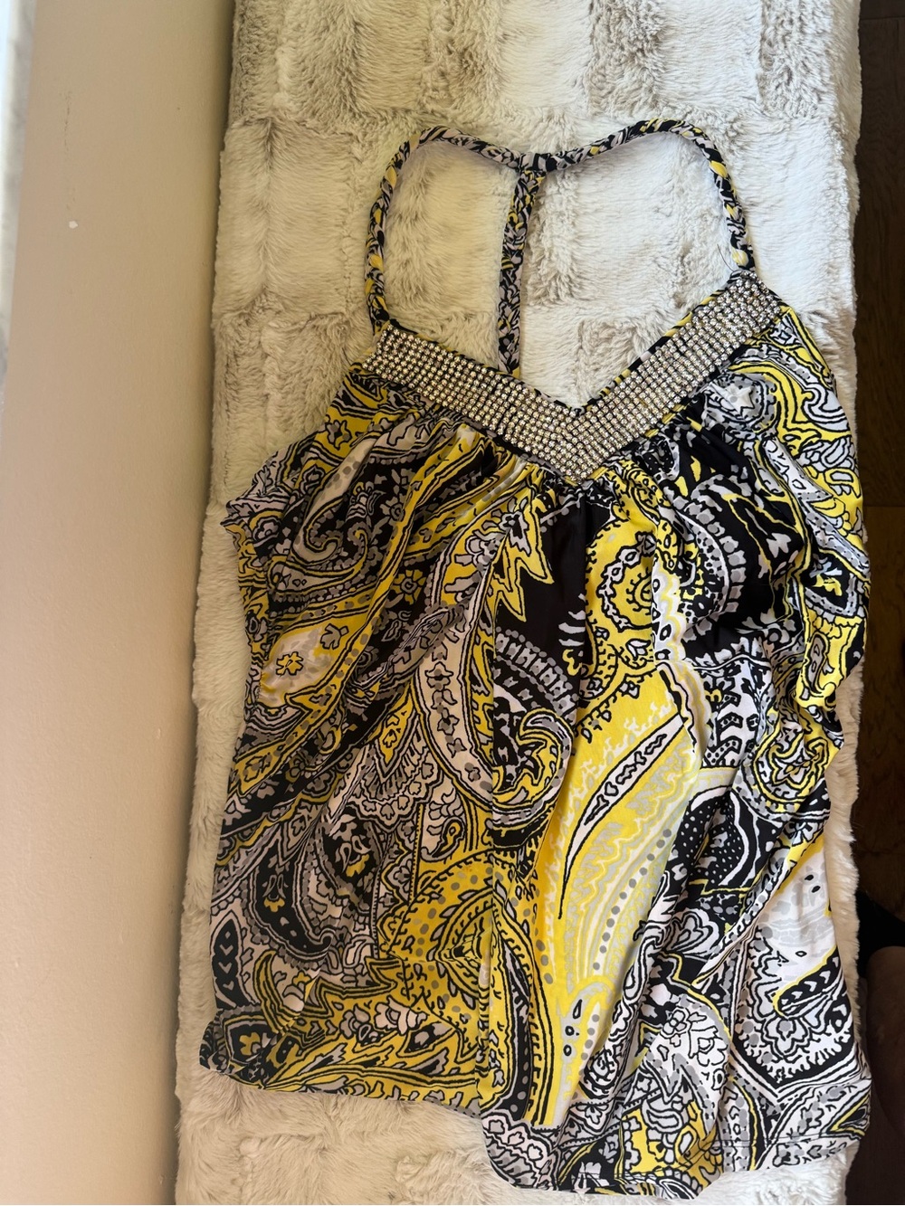 Beaded V-Neck Paisley Sundress - Yellow Black White